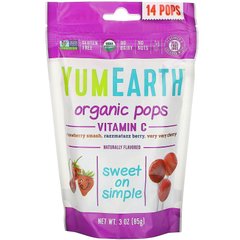 Чупачупси з вітаміном С і різними фруктовими смаками органік YumEarth (Organic Pops Vitamin C Strawberry Smash Razzmatazz Berry Very Very Cherry) 14 шт по 85 г