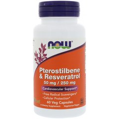 Птеростильбен та ресвератрол Now Foods (Pterostilbene & Resveratrol) 50 мг/250 мг 60 вегетаріанських капсул