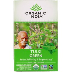 Чай Tulsi Священний базалік, Зелений чай, Organic India, 18 пакетиків для настоювання, 121 унцій (322 г)