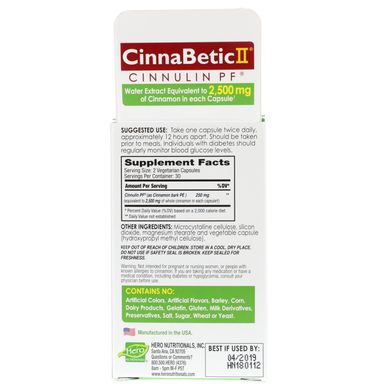 CinnaBetic II, водный экстракт корицы, Hero Nutritional Products, 60 вегетарианских капсул купить в Киеве и Украине