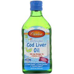 Олія печінки норвезької тріски для дітей, зі смаком жувальної гумки, Kid's Wild Norwegian Cod Liver Oil + Vitamin A & D3 Liquid, Carlson Labs, 84 рідких унцій (250 мл)