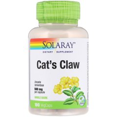 Котячий кіготь, екстракт кори, Cat's Claw Bark, Solaray, 500 мг, 100 веганських капсул