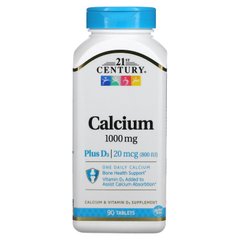 Кальцій + вітамін D3, Calcium Plus D3, 1000 мг / 800 МО, 21st Century, 90 таблеток
