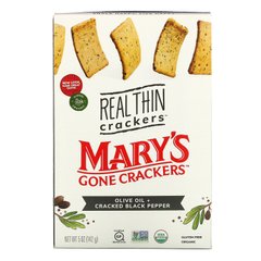 Mary's Gone Crackers, Справжні тонкі крекери, оливкова олія + чорний перець, що тріснув, 5 унцій (142 г)