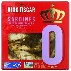 King Oscar, Сардини в оливковій олії першого віджиму з базиліком, орегано та часником, 3,75 унції (106 г)