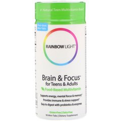 Підтримка мозку і пам'яті для дітей і дорослих, харчовий мультивітамінний комплекс, Brain and Focus Multivitamin, Rainbow Light, 90 міні таблеток