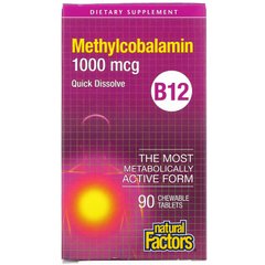 B12 метілокобаламін, Natural Factors 1000 мкг, 90 жувальних таблеток