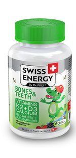 Здоровье костей и зубов, для детей от 3 лет, BONES & TEETH Vitamins K2, D3, Calcium, Swiss Energy, без сахара, 60 жевательных конфет купить в Киеве и Украине