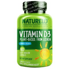NATURELO, Вітамін D3 на рослинній основі з лишайників, 62,5 мкг (2500 МО), 180 капсул для легкого проковтування