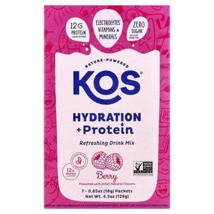 KOS, Hydration + Protein, Refreshing Drink Mix, Berry, 7 Packets, 0.65 oz (18 g) Each