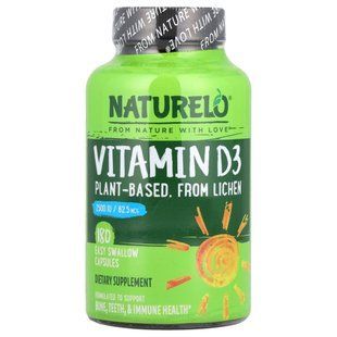 NATURELO, Vitamin D3 on plant-based from lichens, 62.5 mcg (2500 IU), 180 capsules for easy swallowing.