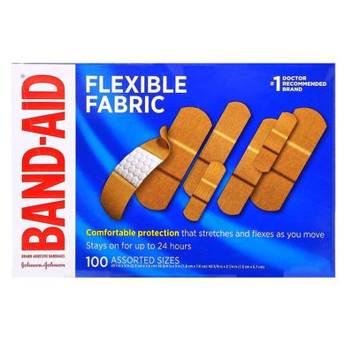 Пластири, гнучка тканина, Adhesive Bandages, Flexible Fabric, Band Aid, 100 різних розмірів