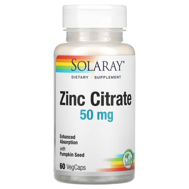 Цинк Цитрат Solaray (Zinc Citrate) 50 мг 60 вегетаріанських капсул