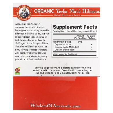 Wisdom Of The Ancient, Organic Yerba Mat&eacute; Hibiscus, Herbal Blend with Stevia, 16 Bags, 1.1 oz (32 g)