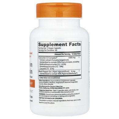 Куркумин с высокой абсорбцией из корня куркумы с комплексом C3 и BioPerine Doctor's Best (High Absorption Curcumin From Turmeric Root with C3 Complex & BioPerine) 500 мг 120 капсул купить в Киеве и Украине