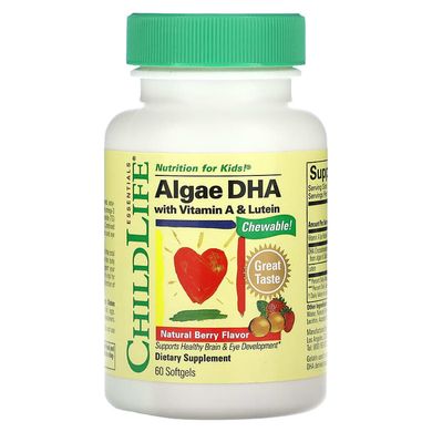 Детский DHA, из водорослей с витамином А и лютеином, вкус ягод, Algae DHA with Vitamin A & Lutein, ChildLife, 60 гелевых капсул купить в Киеве и Украине