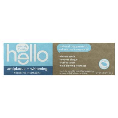 Toothpaste Antiplaque + Whitening without fluoride, natural mint mint, Hello, 133 g