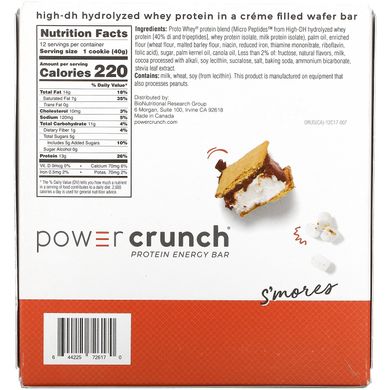 BNRG, Power Crunch, протеїновий енергетичний батончик, зі смаком зефіру, крекера та шоколаду, 12 батончиків, 40 г (1,4 унції) кожен