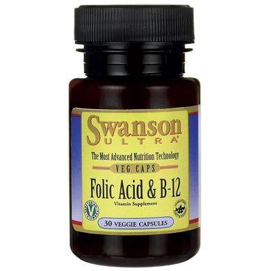 Фолієва кислота і ціанокобаламін, Folic Acid,B-12, Swanson, 30 капсул