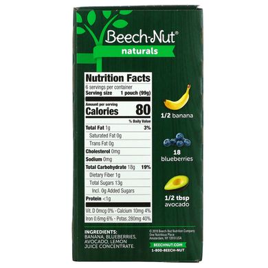 Beech-Nut, Naturals, Stage 2, банан, чорниця та авокадо, 6 пакетиків по 3,5 унції (99 г) кожен