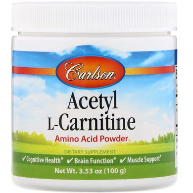Ацетілкарнітін, амінокислотний порошок, Carlson Labs, 3,53 унц (100 г)