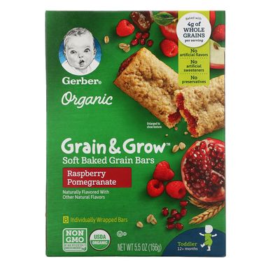 Батончики з м'якого запеченого зерна, від 12 місяців, малиновий гранат, Organic, Grain & Grow, Soft Baked Grain Bars, 12+ Months, Raspberry Pomegranate, Gerber, 8 батончиків в індивідуальній упаковці