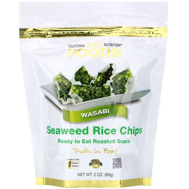 Рисовые чипсы с морскими водорослями васаби California Gold Nutrition (Seaweed Rice Chips Wasabi) 60 г купить в Киеве и Украине