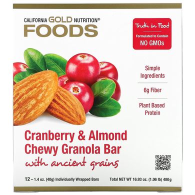Жевательные батончики с клюквой и миндалем California Gold Nutrition (Foods Cranberry & Almond Chewy Granola Bars) 12 батончиков по 40 г купить в Киеве и Украине