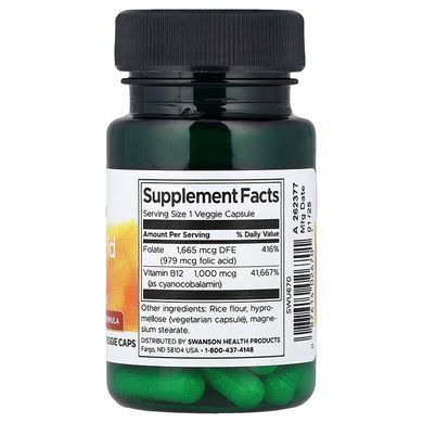 Фолієва кислота і ціанокобаламін, Folic Acid,B-12, Swanson, 30 капсул