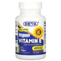 Веганский витамин Е со смешанными токоферолами, Vegan Vitamin E with Mixed Tocopherols, Deva, 400 МЕ, 90 веганских капсул купить в Киеве и Украине