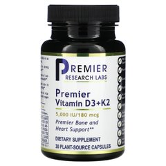 Premier Research Labs, Прем'єр вітамін D3+K2, 5000 МО/180 мкг, 30 капсул рослинного походження