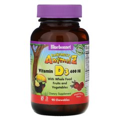Витамин D3 для детей Bluebonnet Nutrition (Rainforest Animalz Vitamin D3) 400 МЕ 90 жевательных таблеток со вкусом малины купить в Киеве и Украине