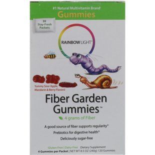 Клітковина для дітей, зі смаком кислих ягід, яблука і мандарина, Fiber Garden Gummies, Rainbow Light, 30 пакетиків, 4 жувальні цукерки (8 г) в кожному
