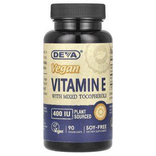 Веганский витамин Е со смешанными токоферолами, Vegan Vitamin E with Mixed Tocopherols, Deva, 400 МЕ, 90 веганских капсул купить в Киеве и Украине