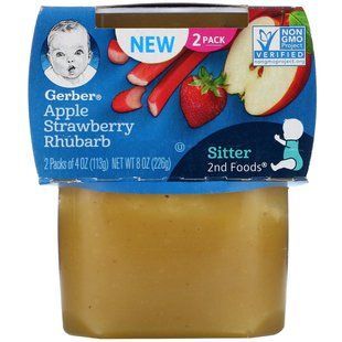 Яблоко, клубника, ревень, Apple, Strawberry, Rhubarb, Gerber, 2 упаковки по 113 г (4 унции) каждая купить в Киеве и Украине
