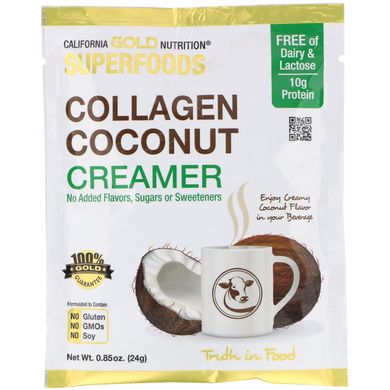 Сухі кокосові вершки з колагеном без цукру California Gold Nutrition (Superfoods Collagen Coconut Creamer Unsweetened) 24 г