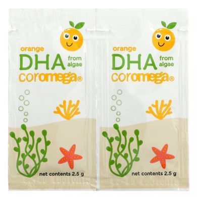 Coromega, Олія водоростей DHA, апельсин, 14 порційних пакетиків, по 2,5 г кожен
