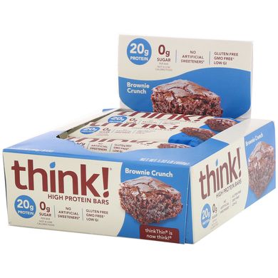Батончики з високим вмістом протеїну, Brownie Crunch, ThinkThin, 10 батончиків по 60 г