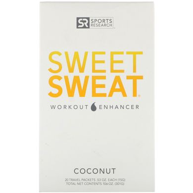 Підсилювач потового тренування, кокосовий горіх, Sweet Sweat Workout Enhancer, Coconut, Sports Research, 20 дорожніх пакетів, 0,53 унції (15 г) кожен