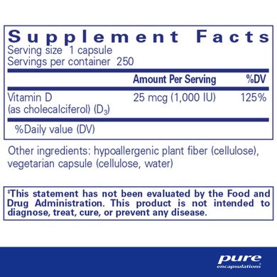 Вітамін Д3 Pure Encapsulations (Vitamin D3) 1000 МО 250 капсул