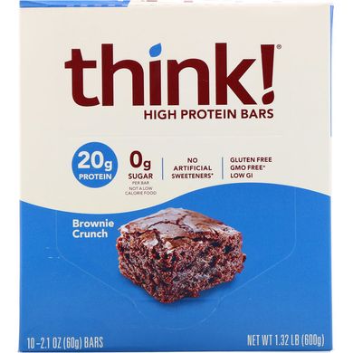 Батончики з високим вмістом протеїну, Brownie Crunch, ThinkThin, 10 батончиків по 60 г