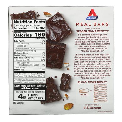 Atkins, Protein Meal Bar, шоколадний батончик з подвійною помадкою, 5 батончиків, 1,69 унції (48 г) кожен