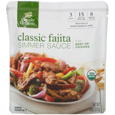 Органічний соус для тушіння Класична Фахіта для яловичини та курки Simply Organic (Organic Simmer Sauce Classic Fajita For Beef or Chicken) 227 г