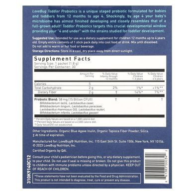 LoveBug Probiotics, probiotics for children aged 12 months to 4 years, 15 billion CFU, 30 servings in individual packets.