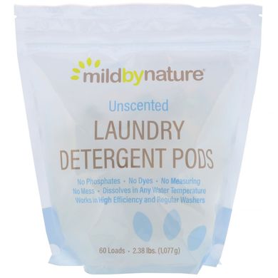 Миючі засоби для прання, без запаху, Laundry Detergent Pods, Unscented, Mild By Nature, 60 вантажів, 2,38 фунта (1077 г)