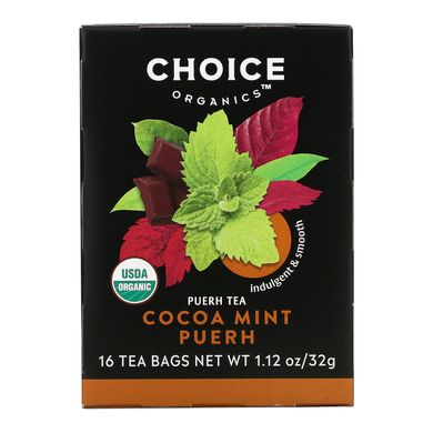 Choice Organic Teas, Puerh Tea, какао-м'ятний пуер, 16 чайних пакетиків, 1,12 унції (32 г)