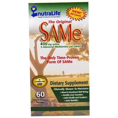 Оригінальний SAMe (S-аденозилметионин), NutraLife, 400 мг, 60 покритихоболонкою кишковорозчинних овальних таблеток