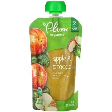Органічне дитяче харчування, 2 етап, яблуко і брокколі, Plum Organics, 4 унції (113 г)