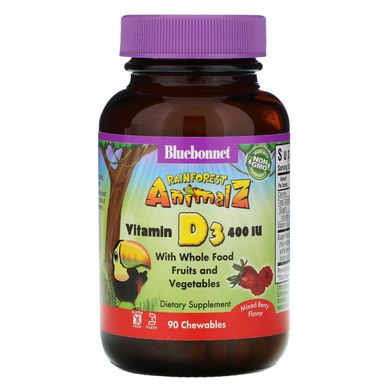 Вітамін D3 для дітей Bluebonnet Nutrition (Rainforest Animalz Vitamin D3) 400 МО 90 жувальних таблеток зі смаком малини