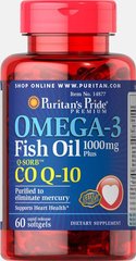 Омега-3 рыбий жир + Co Q-10 Omega-3 Fish Oil plus Co Q-10, Puritan's Pride, 1000 мг, 60 капсул купить в Киеве и Украине